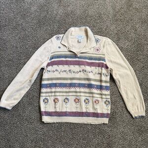 Alfred Dunner Cream Collared Knit Sweater with Floral & Stripe Accents